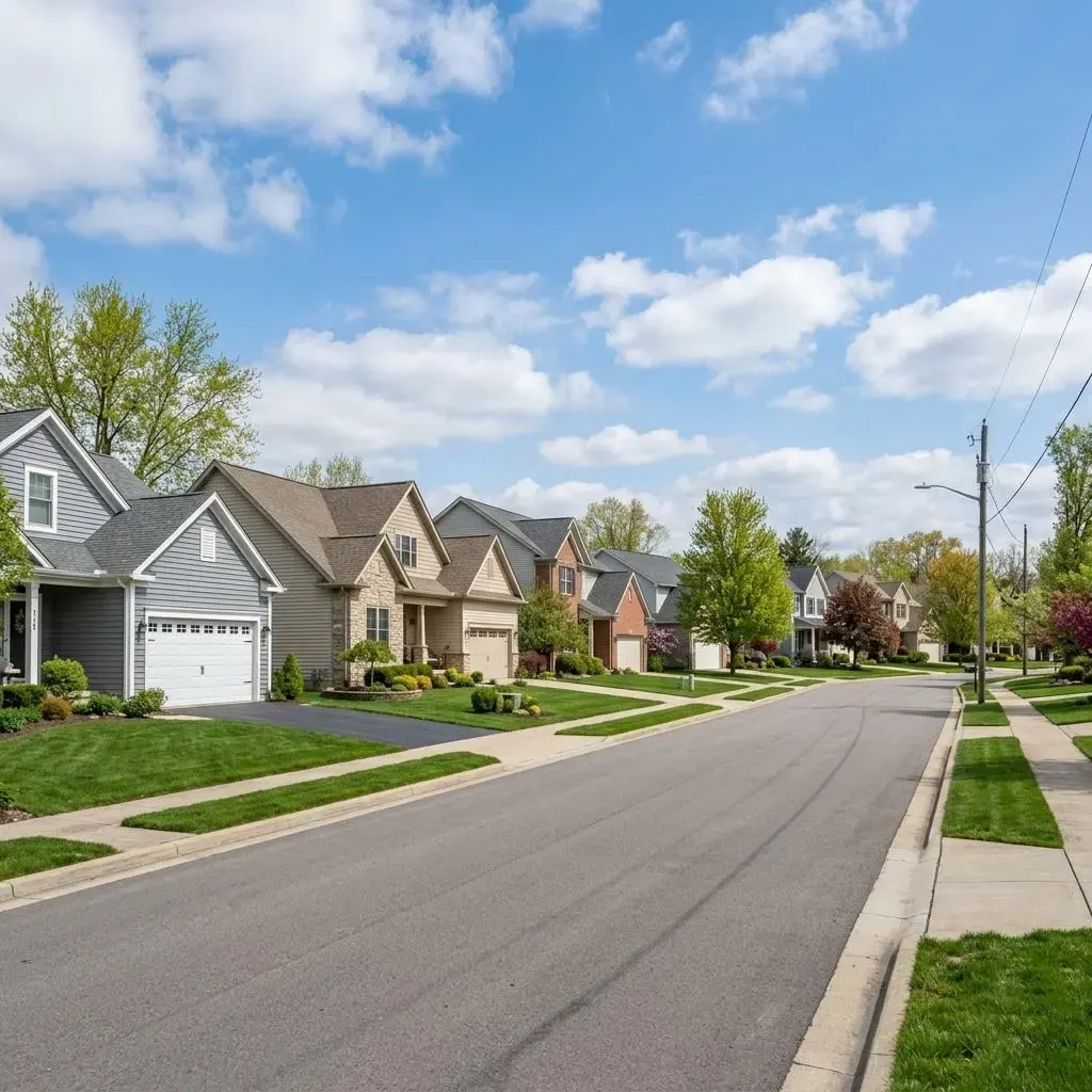 Residential street in a small Ohio town with homes and garage doors