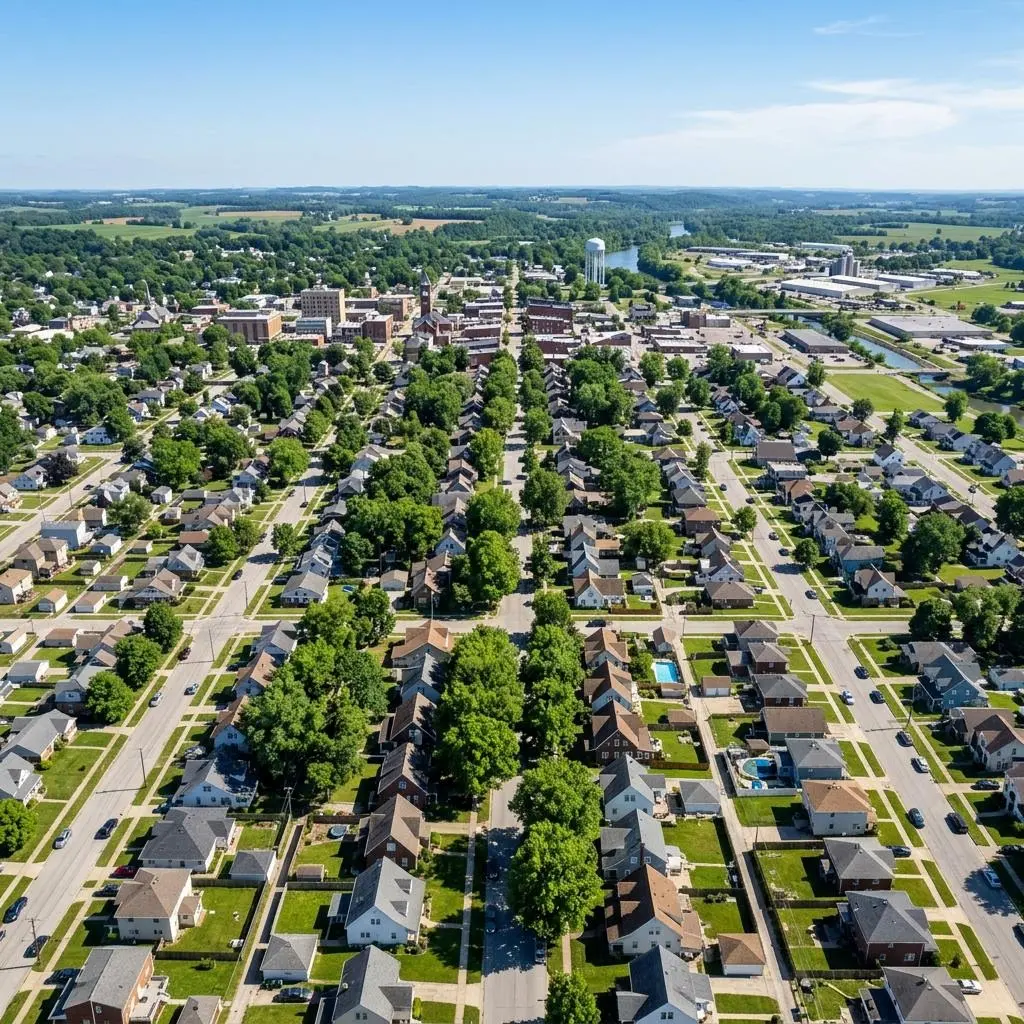 Tree lined neighborhood streets and homes in a small Ohio city