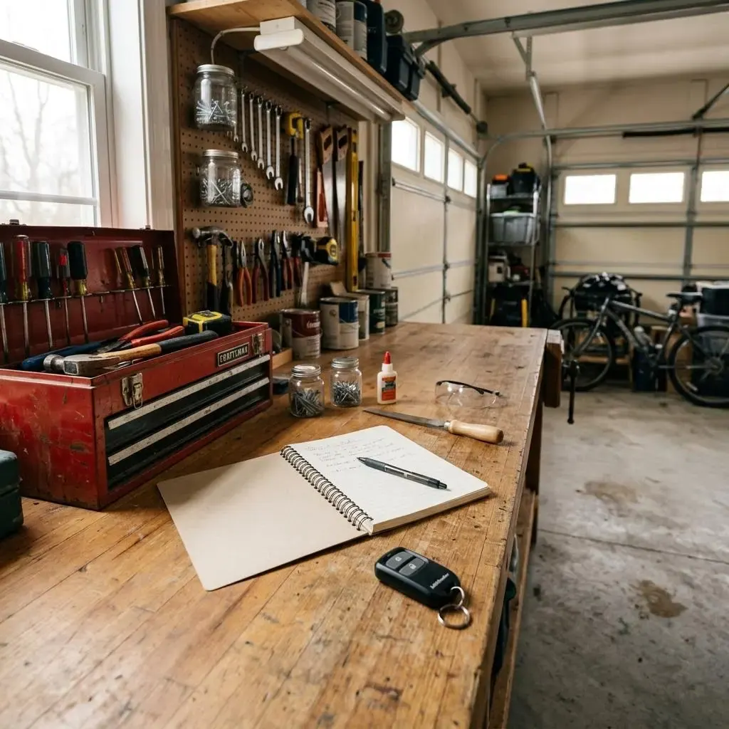 Garage workbench with a notebook and a garage door remote in soft light