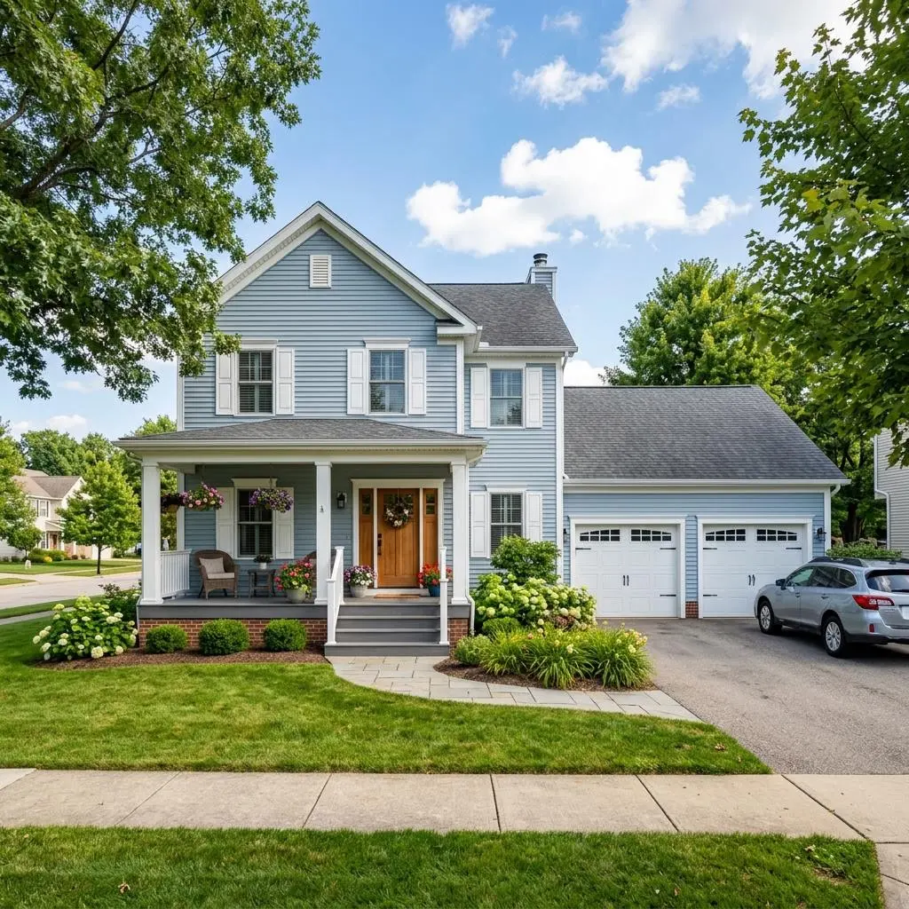 Front porch and attached garage of a suburban Ohio home under blue sky