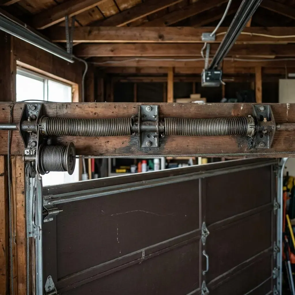 Garage door springs, cables, and torsion hardware above a closed door