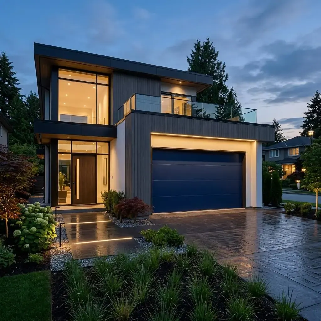 Navy blue modern flush garage door on a contemporary home at evening