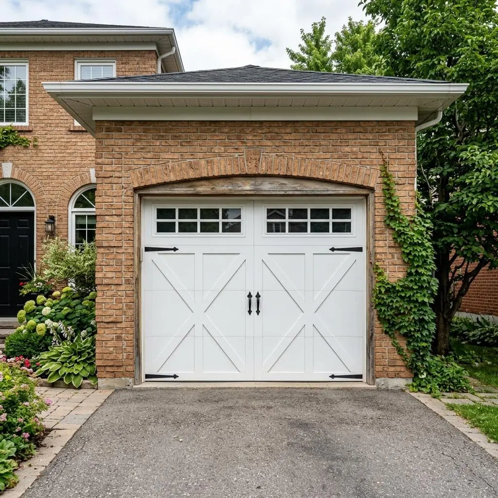 White carriage house style garage door with black hardware on a brick home