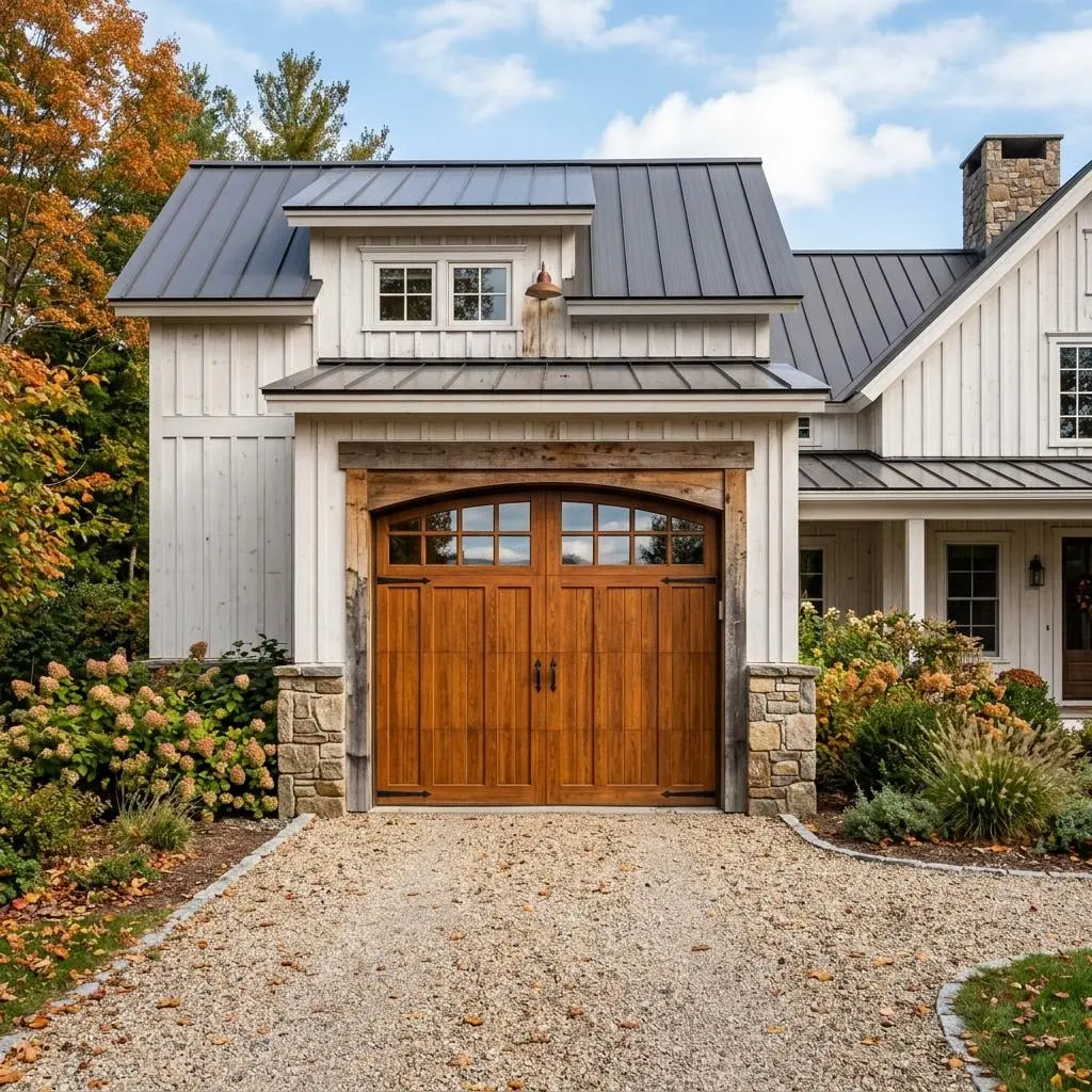 Wood tone garage door with glass window panels on a farmhouse style home