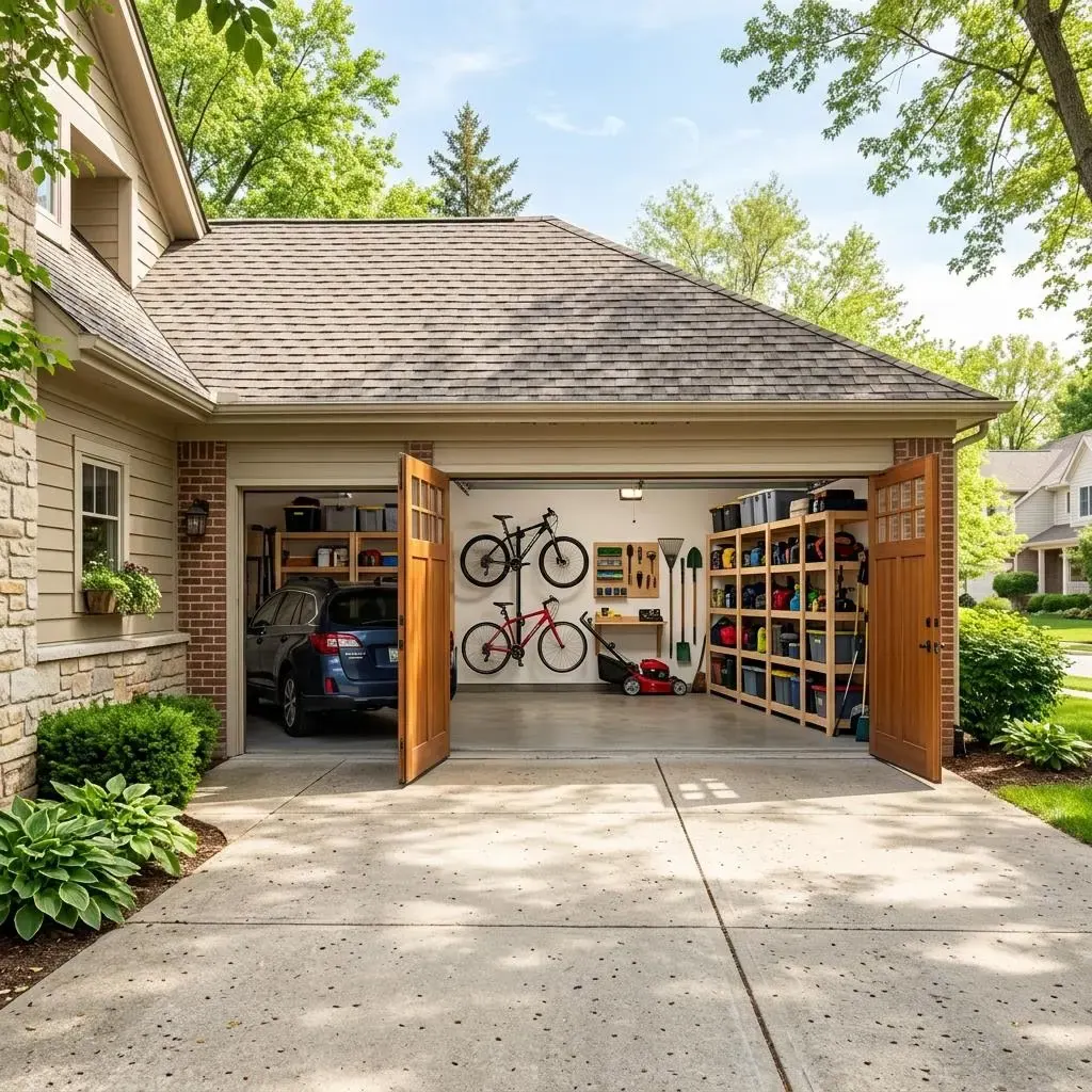 Tidy two car garage with an open door, shelves, and bicycles