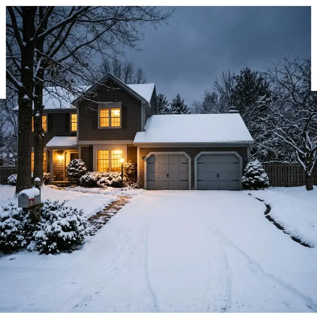 Gray garage door with warm glowing windows on a snowy Ohio driveway at dusk