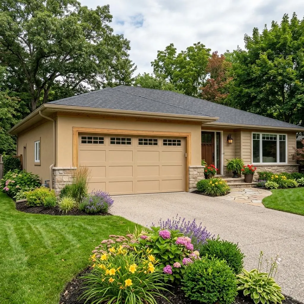 Tan sectional garage door with windows on a ranch home beside a landscaped driveway