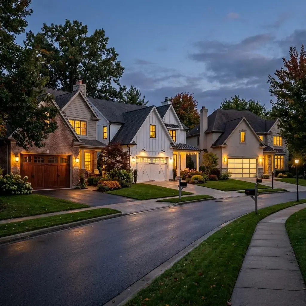 Row of three suburban homes with different garage door styles at dusk