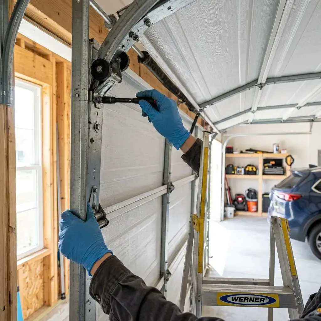 Gloved hands adjusting hardware on a residential sectional garage door