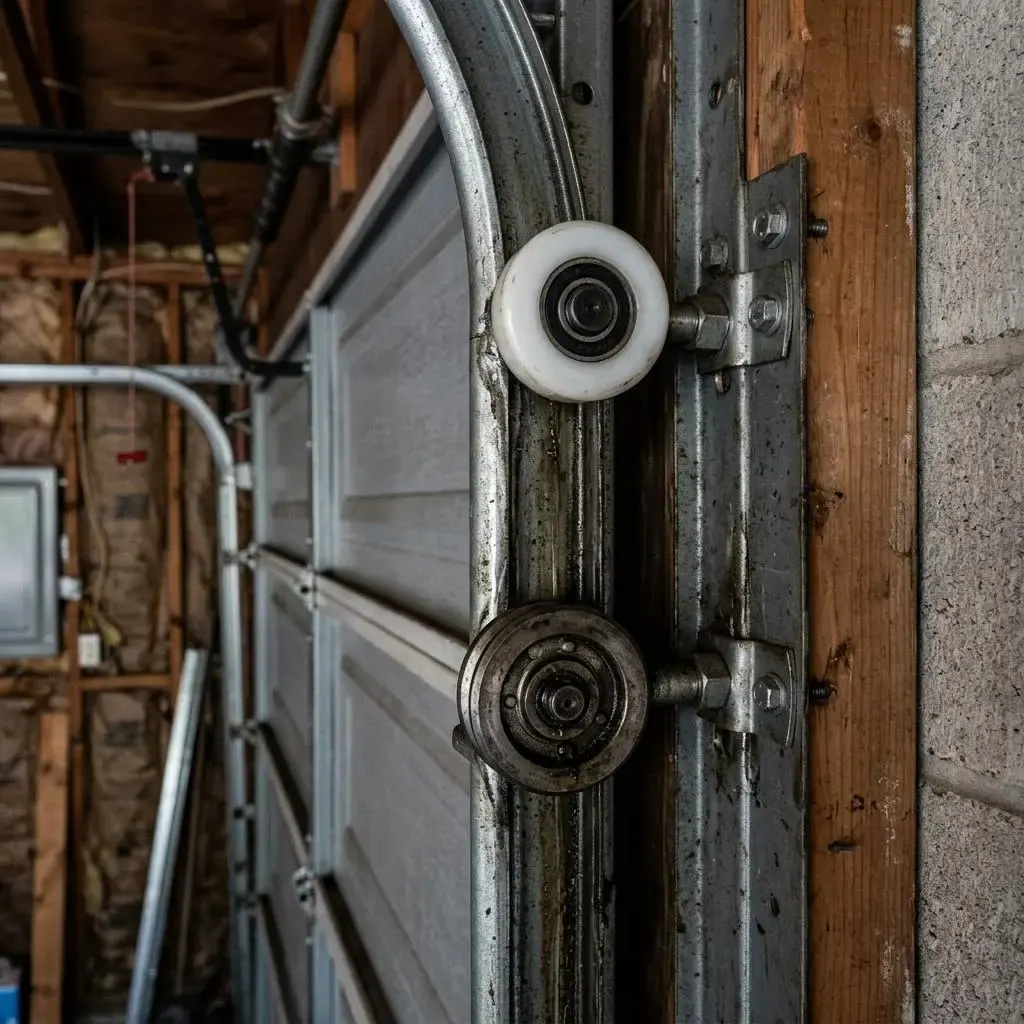 Nylon and steel garage door rollers seated inside a track