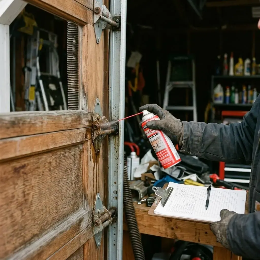 Lubricant sprayed on garage door hinges beside a checklist clipboard
