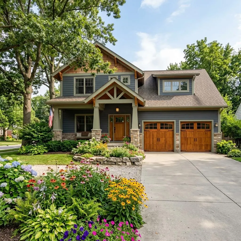 Craftsman style Ohio home with a wood look garage door and flower beds