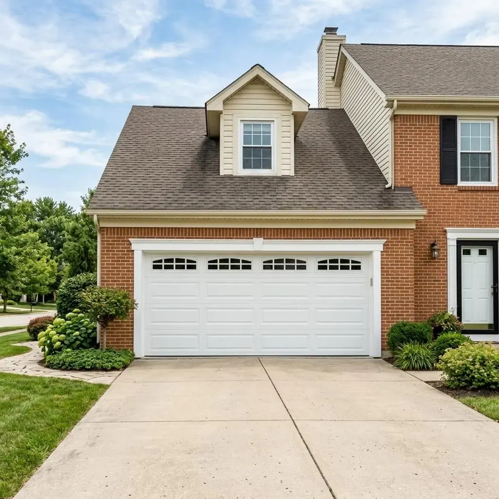 New white raised panel garage door on a brick home under a blue sky