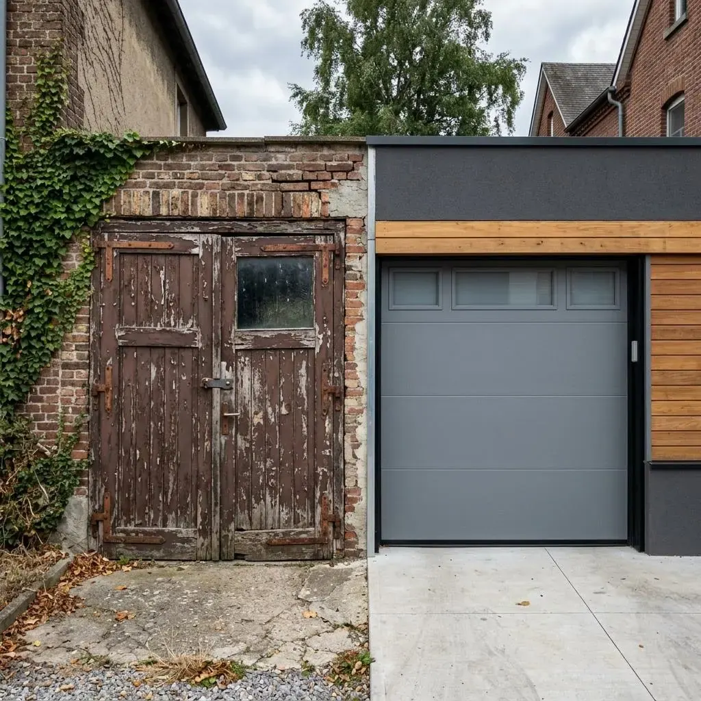 Worn old garage door beside a new modern gray garage door on a house facade