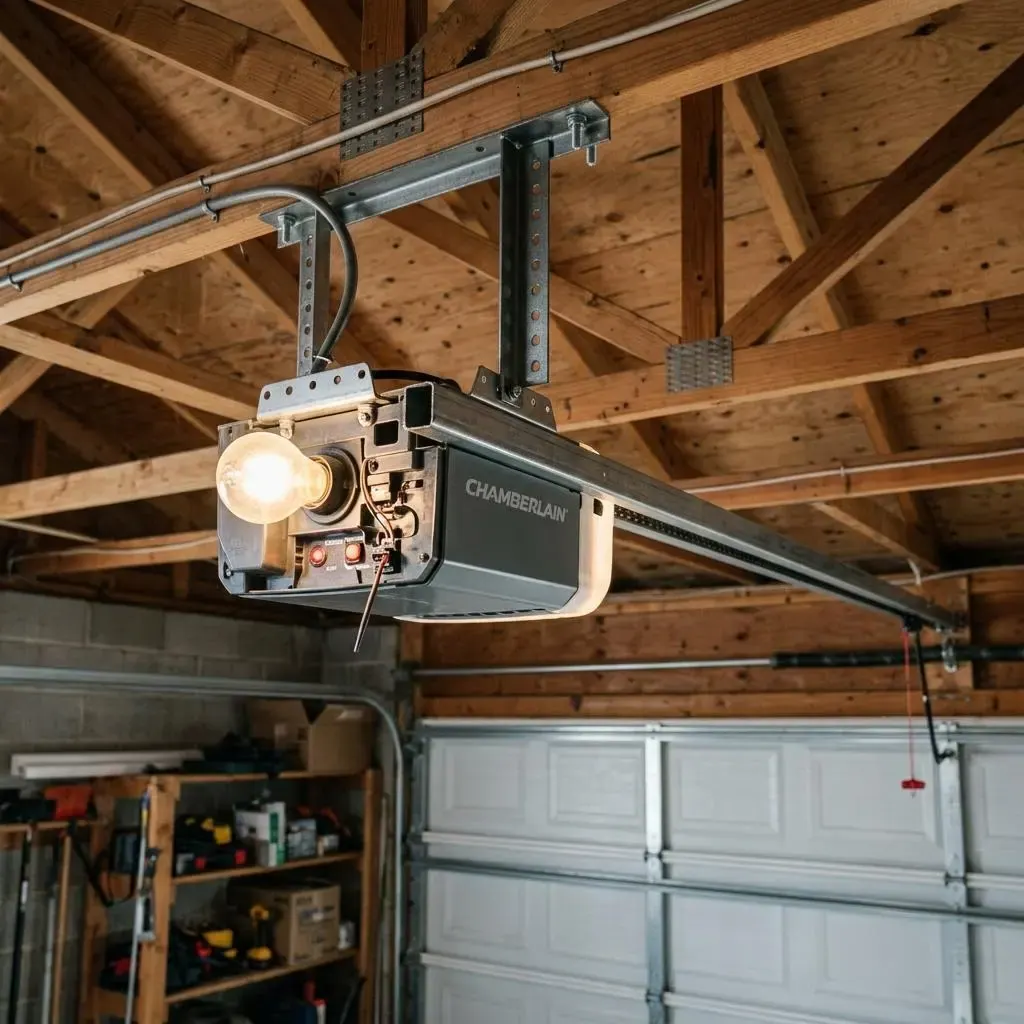 Ceiling mounted garage door opener motor and rail with a light