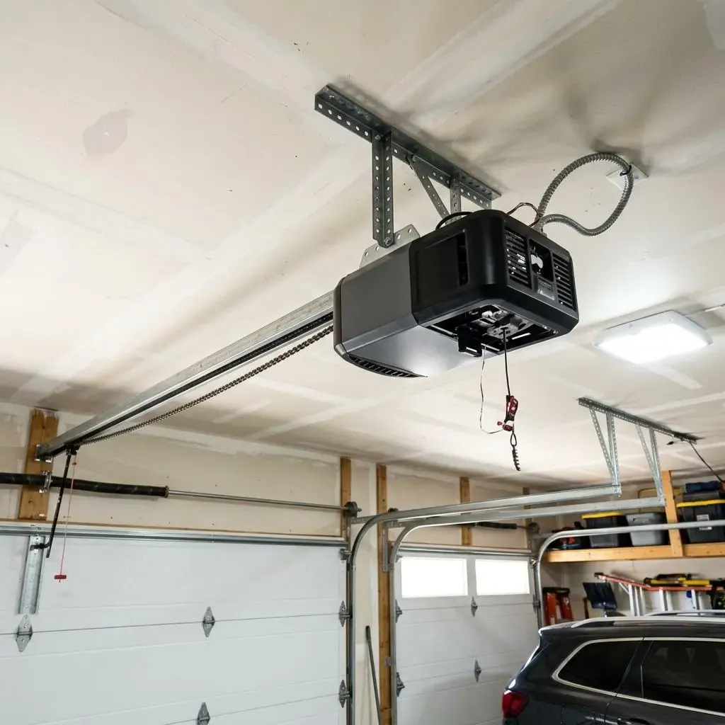 New chain drive garage door opener mounted on a bright garage ceiling
