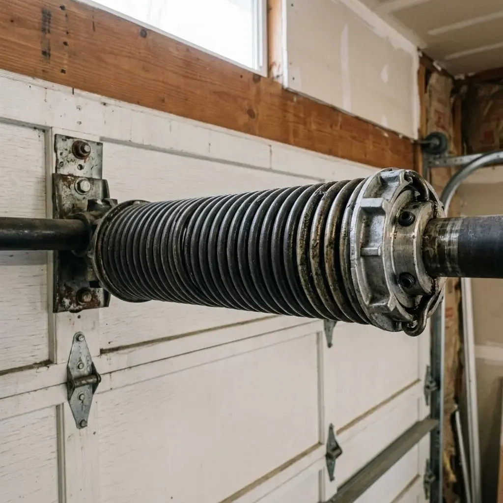 Large torsion spring with winding cones above a residential garage door