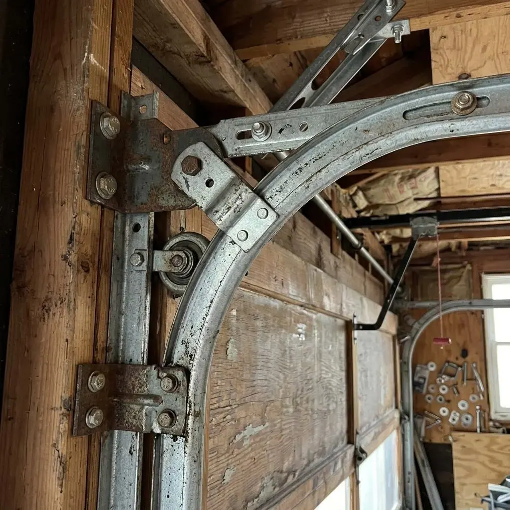 Steel garage door tracks with rollers and mounting brackets