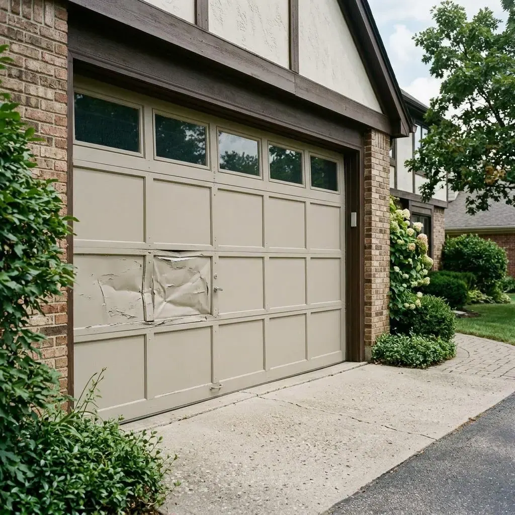 Garage door with one dented panel beside fresh panels