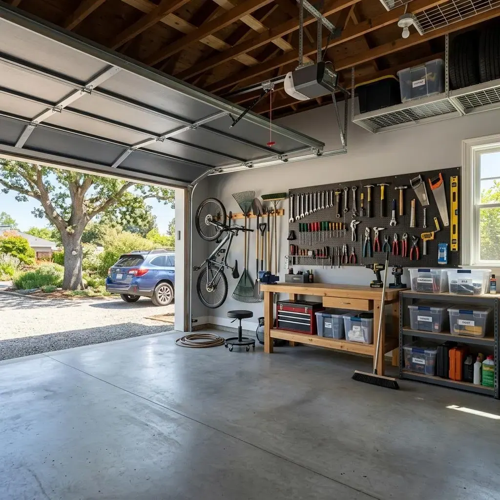 Open residential garage with a sectional door, ceiling mounted opener, and organized tools